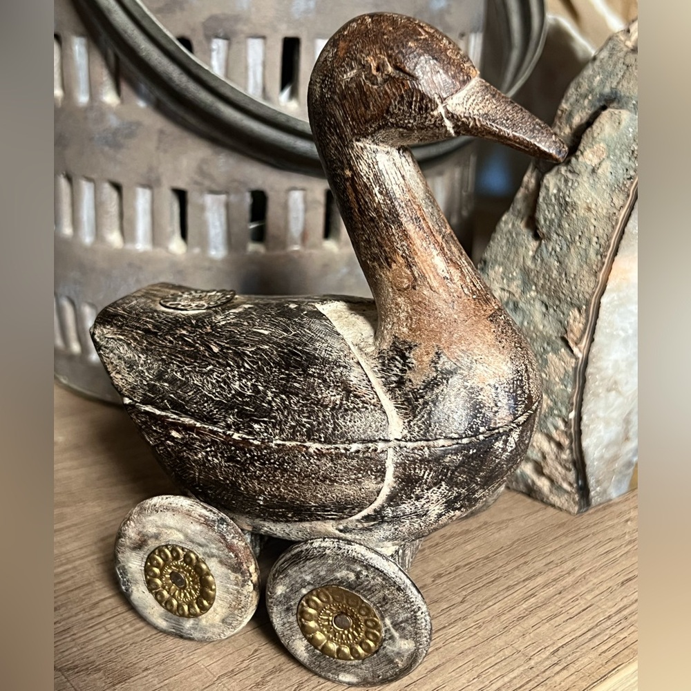 Vintage Wooden Toy Duck with Metal Details